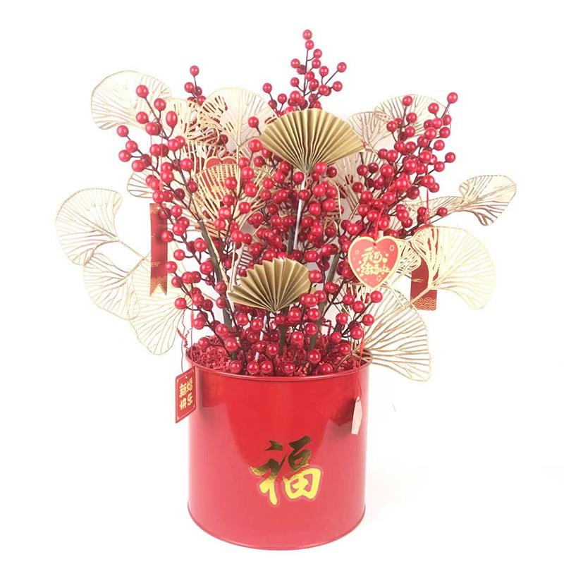 福桶装饰仿真红浆果发财果仿真花红色年宵花吉祥扇迷雾福桶抱抱桶
