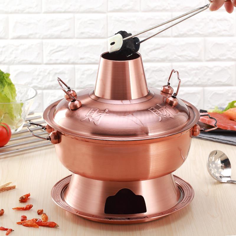 土火锅打边炉家用老式木炭纯紫铜火锅锅具北京涮羊肉鸳鸯锅大容量