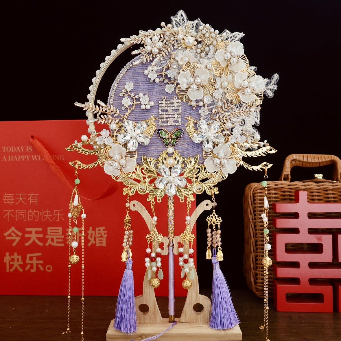 团扇新娘秀禾扇子结婚diy材料婚礼喜扇手工婚扇成品双面高级中式