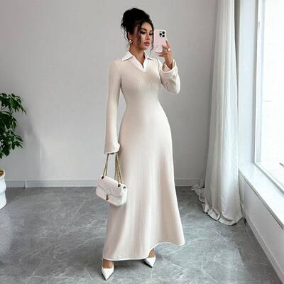 Shirt Collar Waist Cinched Sleeve Dress Fitted Plain Fall