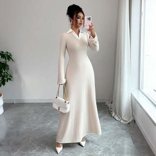 Shirt Collar Waist Cinched Sleeve Dress Fitted Plain Fall