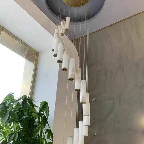 旋转楼梯吊灯新中式全铜进口云石灯自建房天井复式公寓转角长吊灯