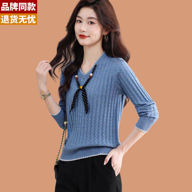 丝巾v领毛衣女秋冬2026新款洋气妈妈可外穿短款羊毛针织打底上衣