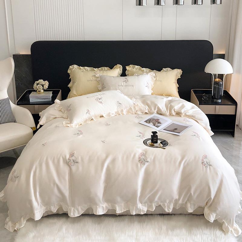 兰四件床上用品夏季件套床上用品凉丝睡床荷叶花边滑双面精被套感
