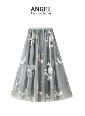 夏季新款高腰显瘦松紧腰大摆双层网纱刺绣中长款半身裙女裙子K863