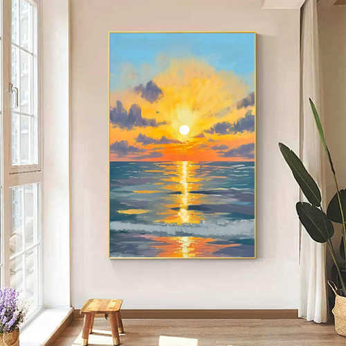 手绘油画日出海岸轻奢玄关背景墙装饰画北欧餐厅挂画客厅沙发卧室