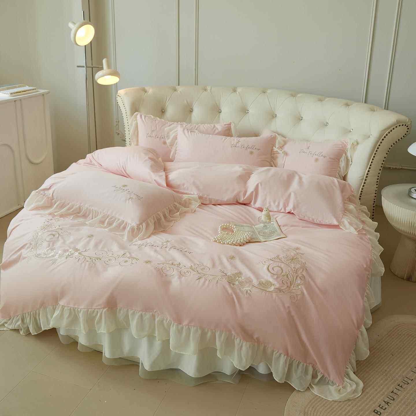 2025新款13376全棉精致刺绣四件套-圆床倾城 2.0m床笠四件套被套2