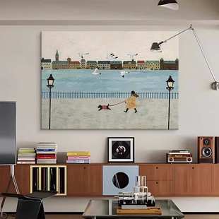 北欧抽象人物横版卧室客厅高级感装饰画蓝色清新喷绘艺术床头油画