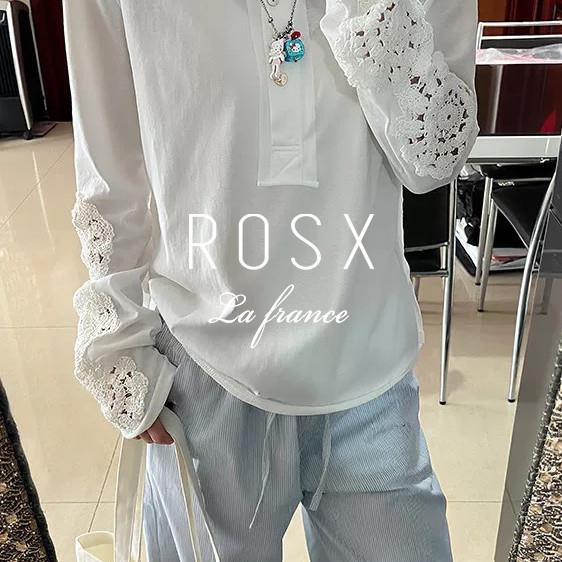 ROSX法式白色蕾丝镂空亨利领长袖t恤女春季设计感温柔风气质上衣