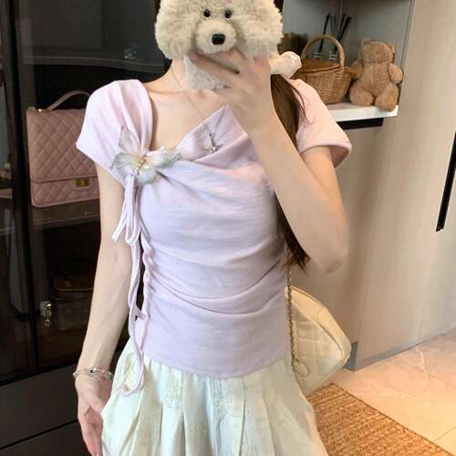 Fat butterfly lace up short sleeved T-shirt for women,
