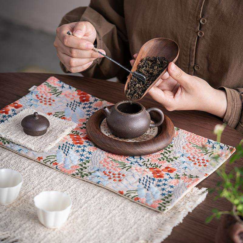 观岚手工刺绣花海干泡茶席茶桌旗中式禅意茶具隔热防滑垫茶盘垫