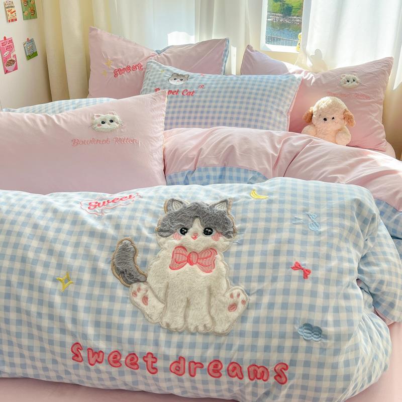 可爱猫咪贴布绣水洗棉床上四件套女生床品儿童宿舍被套床单三件套