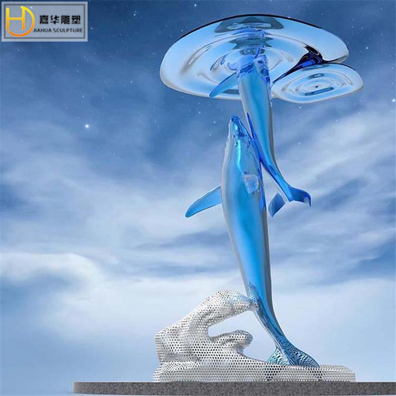 不锈钢镂空鲸鱼雕塑金属镜面海洋动物户外大型园林景观水景摆件