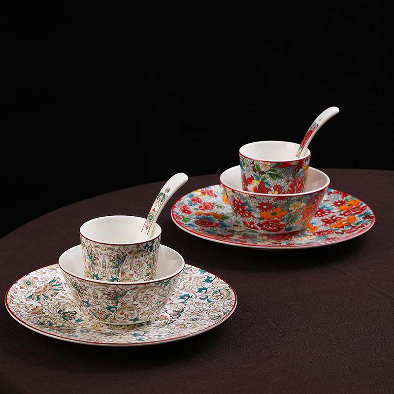 新中式酒店摆台餐具套装陶瓷商用彩绘花摆台四件套骨碟碗勺三件套,餐饮具,碗,淘宝优惠券,粉丝福利购,淘宝优惠卷