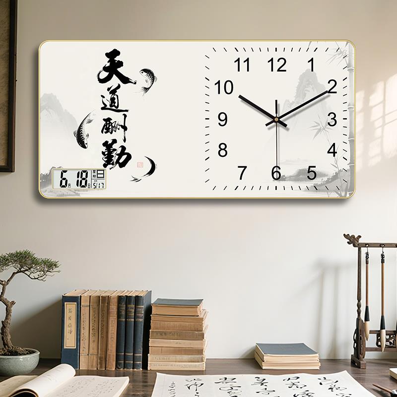 晶瓷装饰画挂钟日历办公室时钟茶室书房万年历静音电子万年历钟表