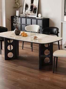 中古风美式实木洞石岩板餐桌2025新款黑色高端家庭家用小户型饭桌