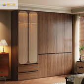 润广盛中古风实木衣柜家用卧室新款 胡桃色成品柜子藤编复古挂衣柜