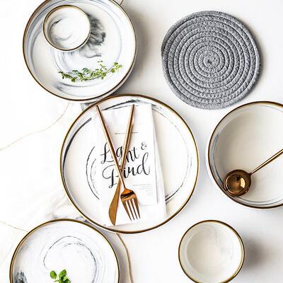 Nordic Marble Tableware Set Gold Trim Modern Dinnerware