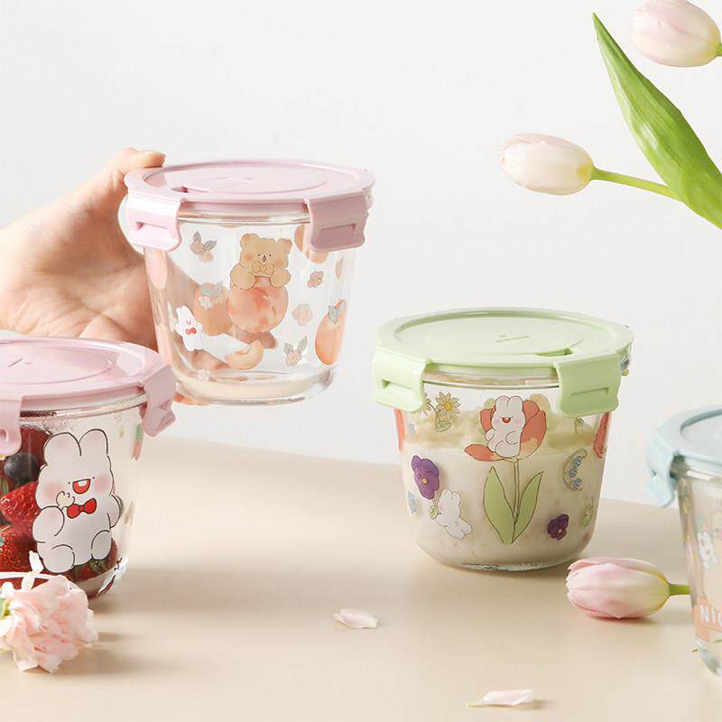 蓝莲花保鲜盒汤碗玻璃碗带盖子水果便当盒上班族饭盒可微波炉加热