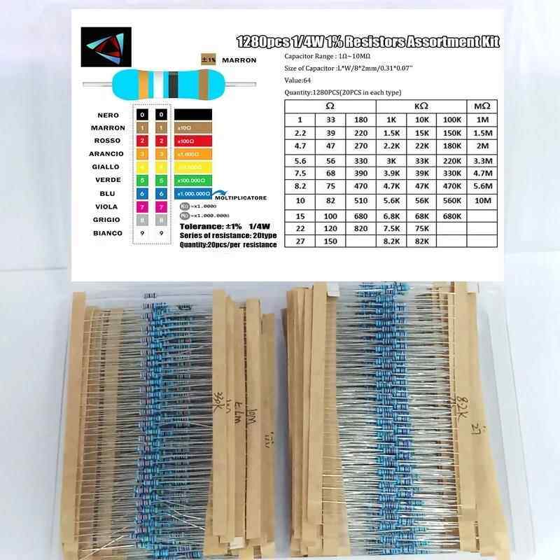 64个阻值1280PCS 1ohm-10Mohm 金属膜电阻器电阻器套件1280个