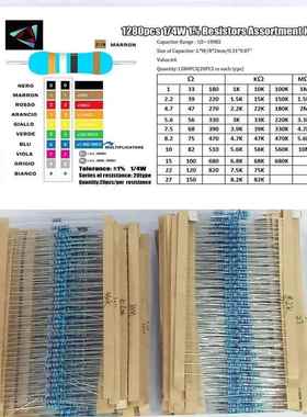 64个阻值1280PCS 1ohm-10Mohm 金属膜电阻器电阻器套件1280个