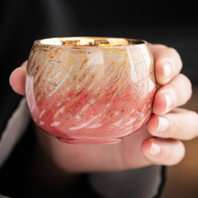 梦南州大漆茶具主人杯粉紫对杯欧珀螺钿漆器茶杯高端鎏金礼品自用