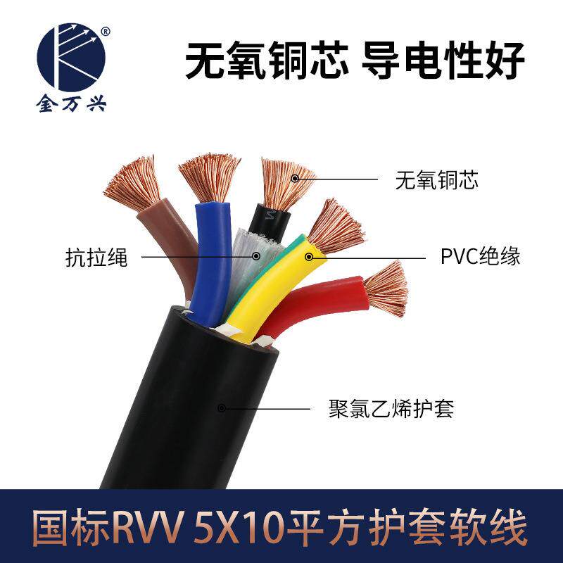 金万兴国标RVV多芯线5*10平方铜芯PVC护套控制电源线CCC认证电缆