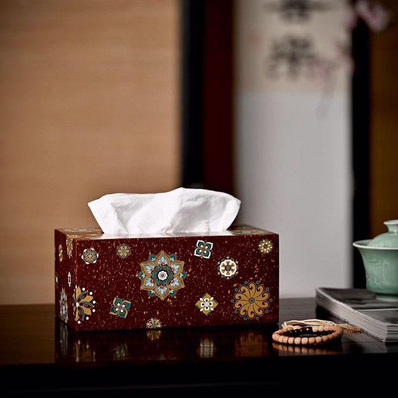 赞比亚紫檀《宝相花》纸巾盒大漆工艺客厅复古全榫卯餐厅抽纸盒