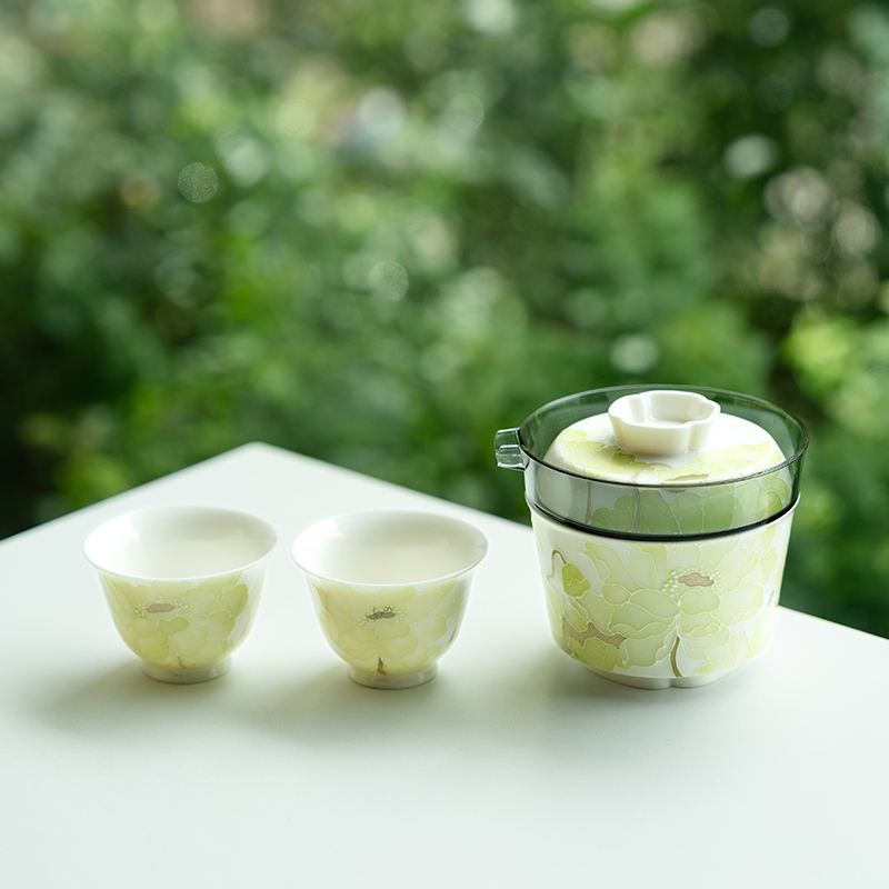 拓土纯手绘堆雕莲藕旅行茶具随时快客杯一壶三杯便携式陶瓷泡茶壶