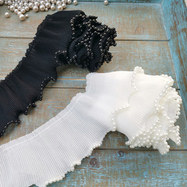 6.5cm宽黑白超柔软珍珠雪纺，风琴折带珠子，压褶皱蕾丝花边辅料娃衣