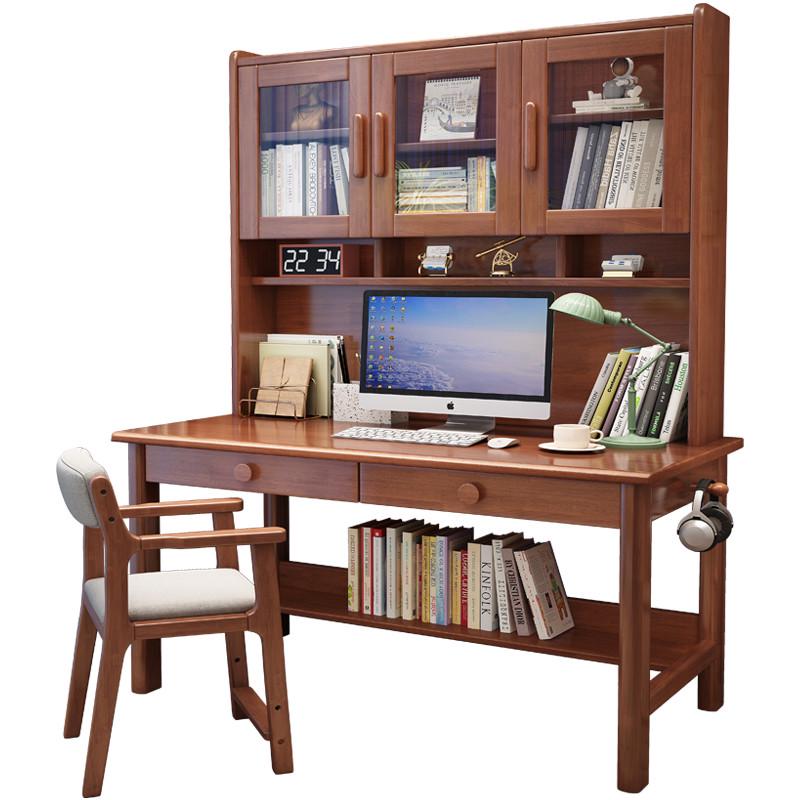 书桌书架带书柜一体桌家用学习桌子儿童简约卧室全实木办公电脑桌
