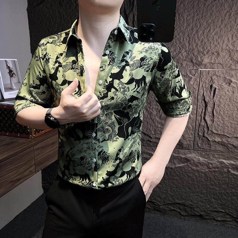 冰丝短袖花衬衫男士夏季薄款潮牌痞帅印花高级感修身七分袖衬衣服