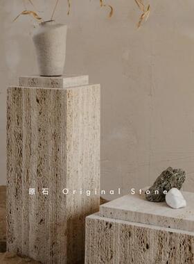 原石侘寂风天然黄洞大理石落地雕塑装饰摆饰石墩底座墩展示台柱子