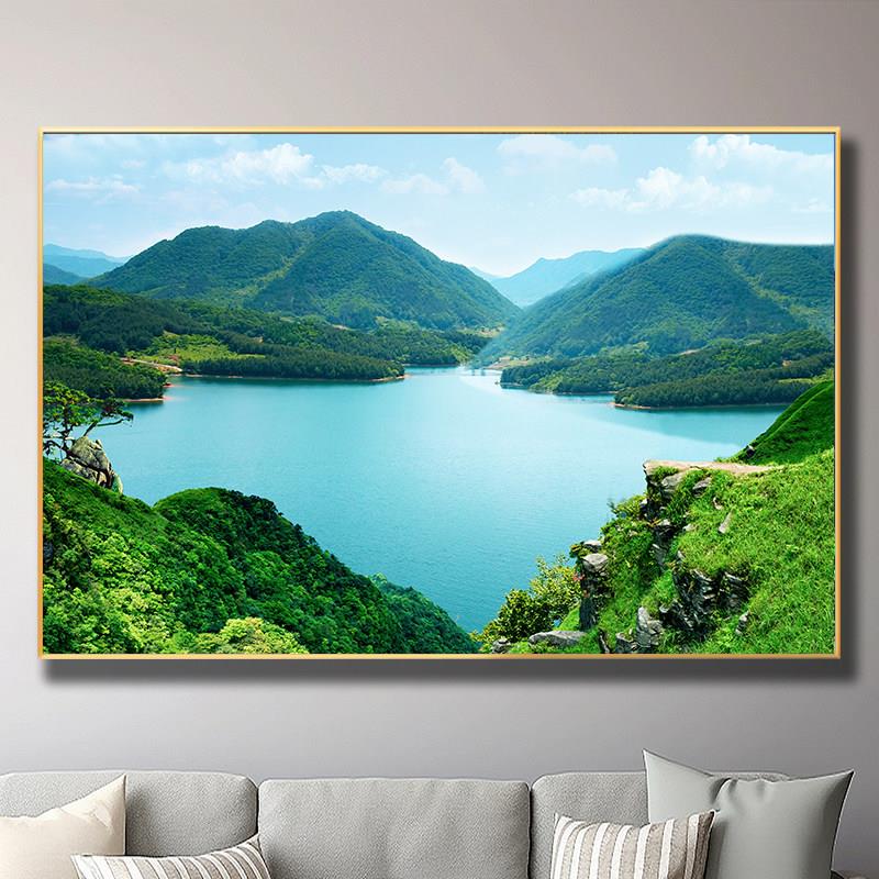 青山绿水平静湖面风景画聚宝盆山水画聚财风水画客厅办公室背景墙