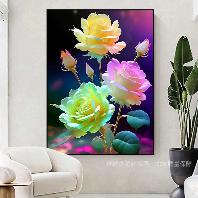 钻石画满钻新款2024彩色玫瑰花点贴钻十字绣手工小幅粘钻客厅卧室