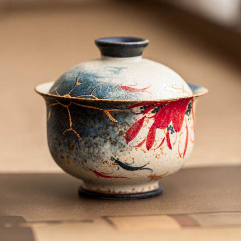 中国青花火石红有盖碗镀金荷花韵锦鲤手画有盖茶碗陶瓷功夫茶具