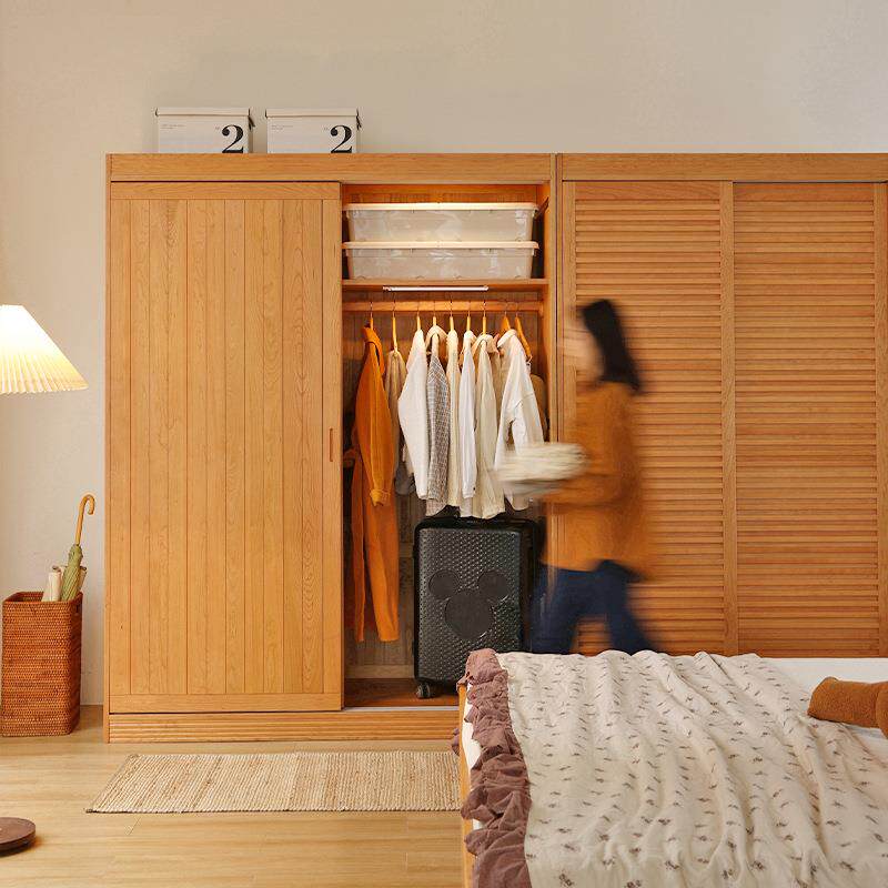 收现代简约全实木衣柜家用卧室可日式拉门樱木大衣云影衣柜柜桃纳