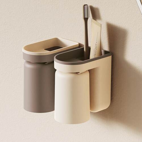 Wall-mounted toothbrush holder and tumbler set, no drilling