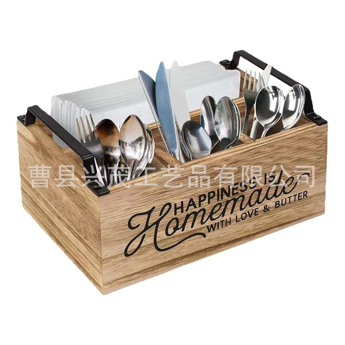 亚马逊木制厨房收纳木盒厨房分格筷子刀叉整理木盒壁挂式刀叉勺盒
