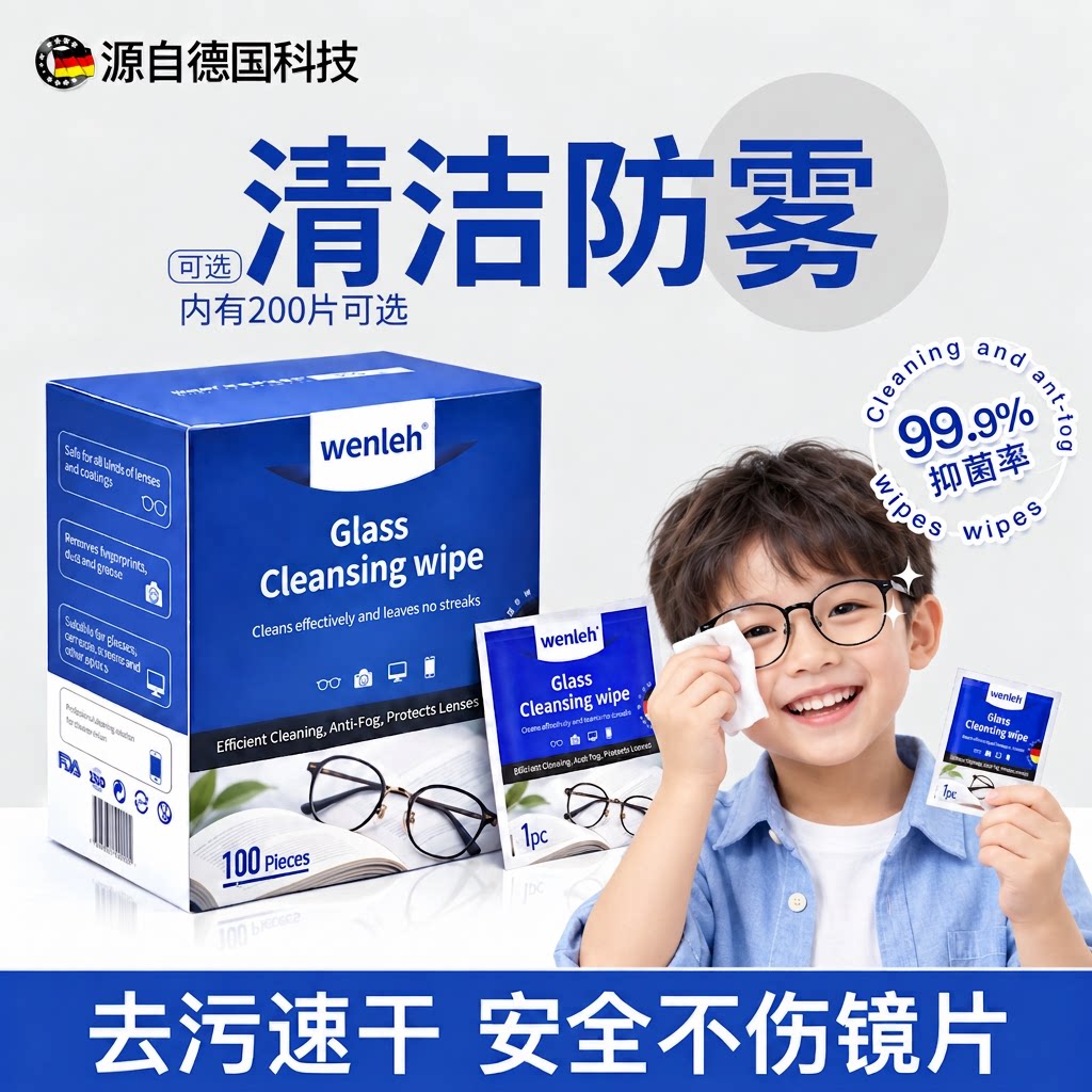 德国标准防雾擦眼镜清洁湿巾专用一次性眼镜布不伤镜片手机擦拭纸