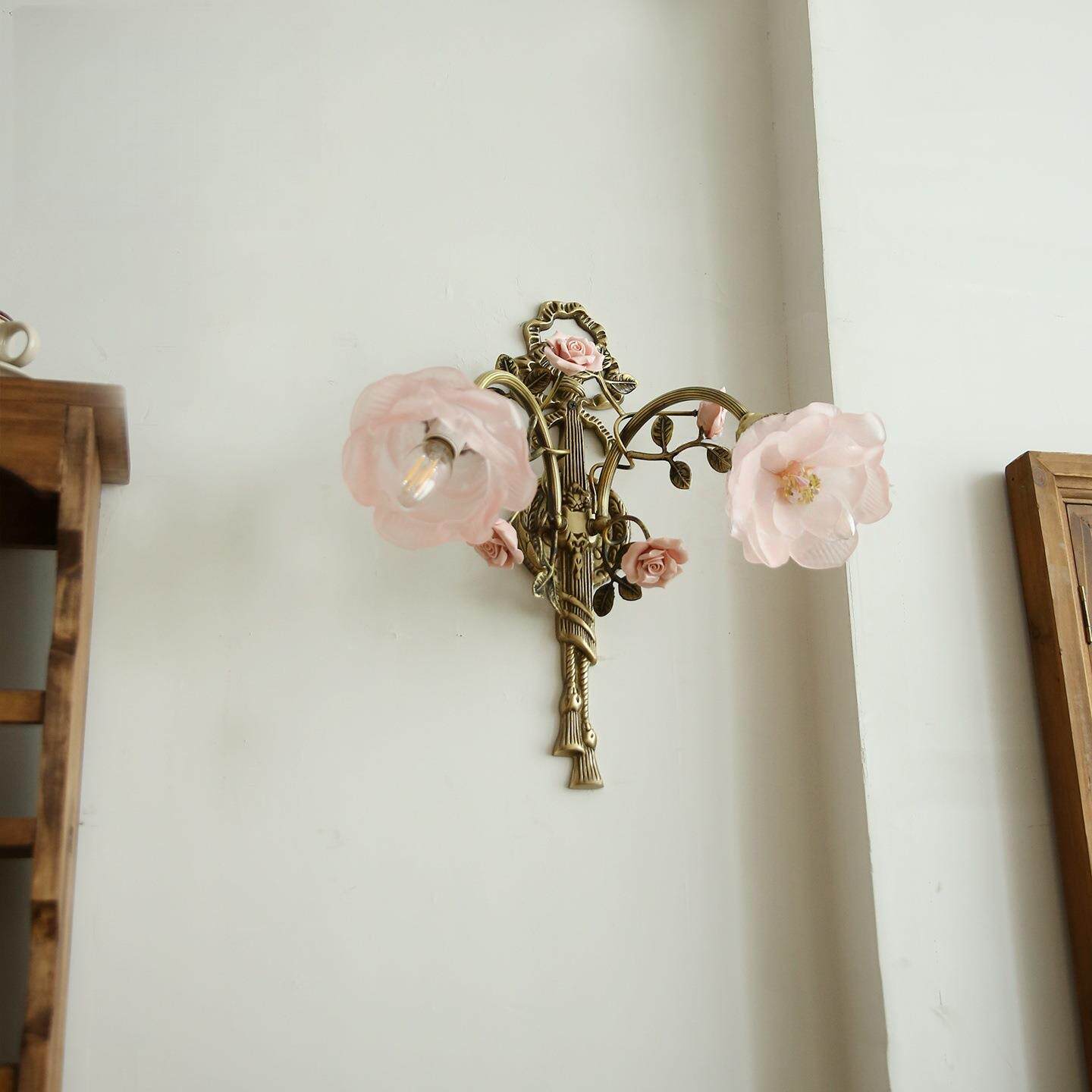 全铜法式田园自然风卧室壁灯复古浪漫玫瑰花朵客厅背景墙卧室壁灯
