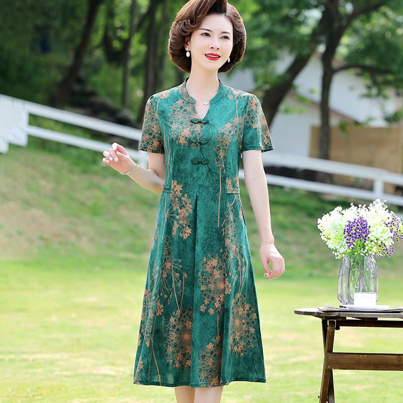 矮个子妈妈夏装新款洋装端庄大气真丝旗袍洋派中老年女气质裙子