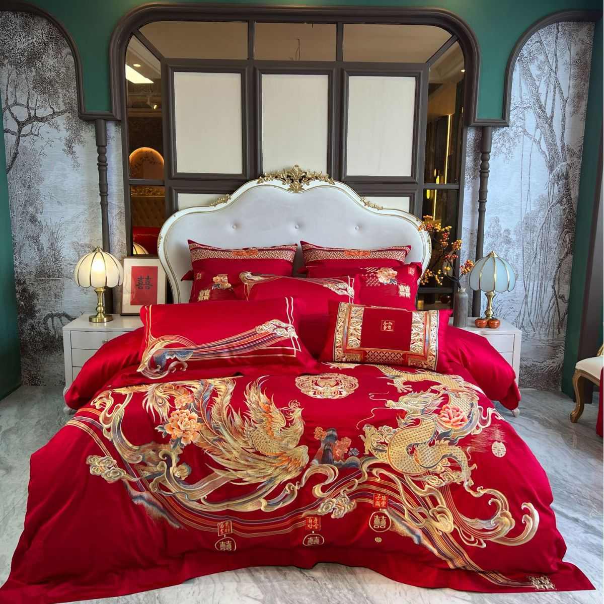 陪嫁件套100支陪嫁刺绣十喜龙凤被四床上用品长绒棉件套大红结婚
