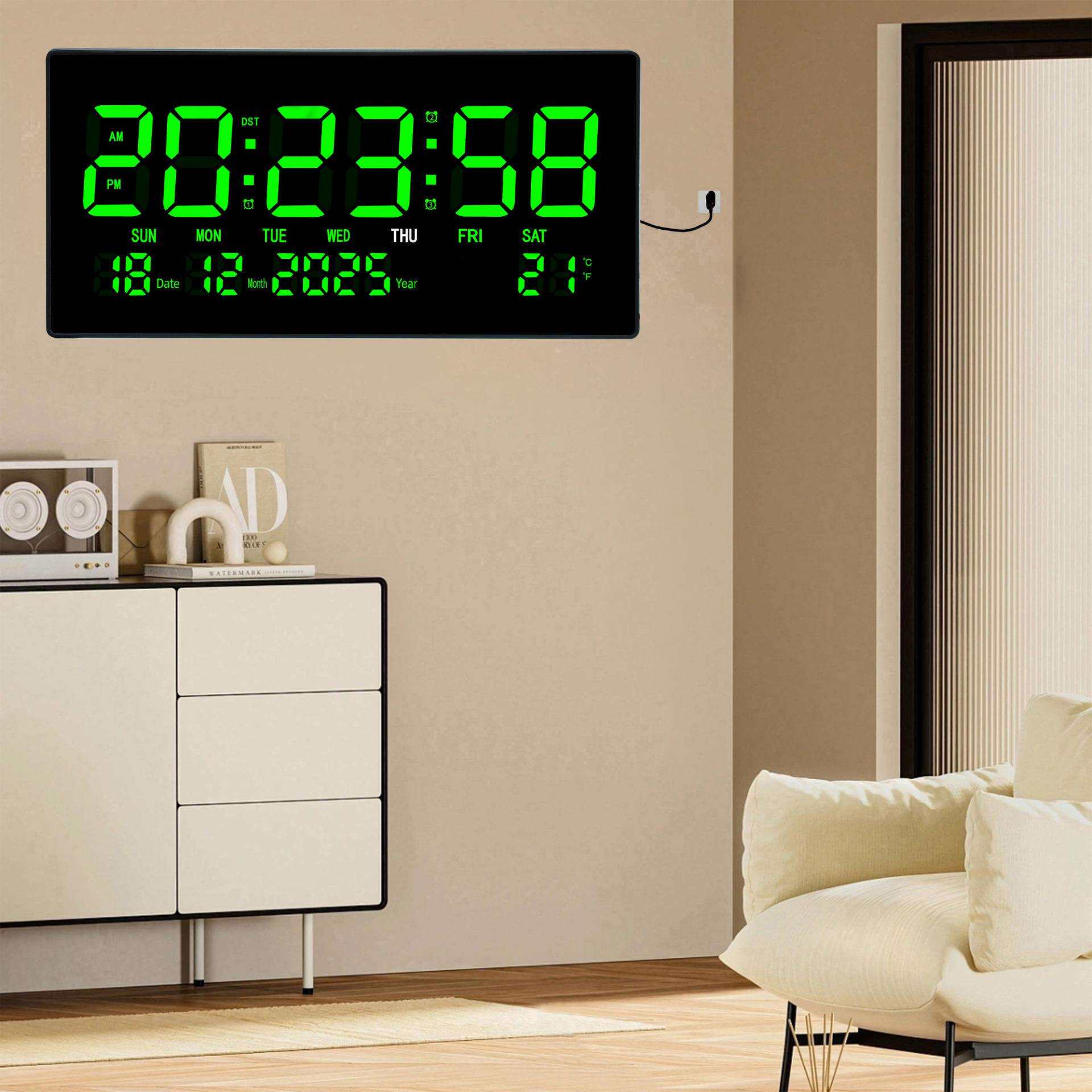 跨境英文款智能大屏数码时钟家居办公桌面装饰多功能夜光电子钟