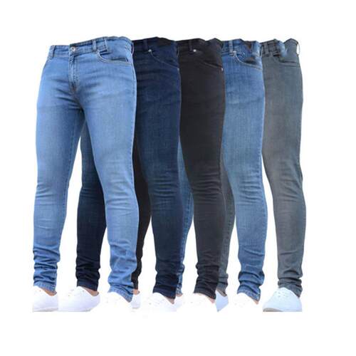 Skinny elastic denim men's pants, black tight fitting
