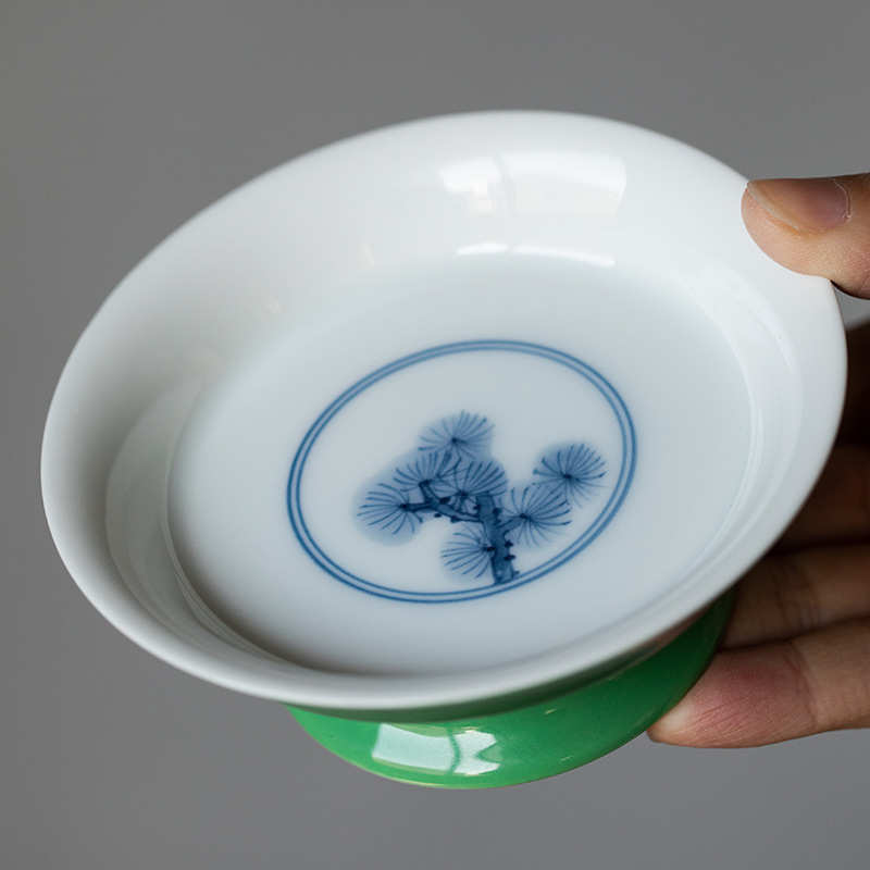 手绘松针翠绿中式高足壶承托盘陶瓷家用小点心盘水果零食茶道配件