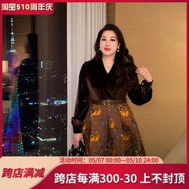 GLEC高端胖mm大码女装2024年秋冬复古丝绒拼接提花大摆连衣裙