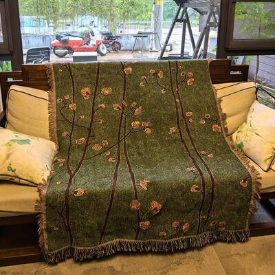 中式复古梅花提花棉线毯床尾毯单人沙发毯盖毯墙面装饰画框布艺毯