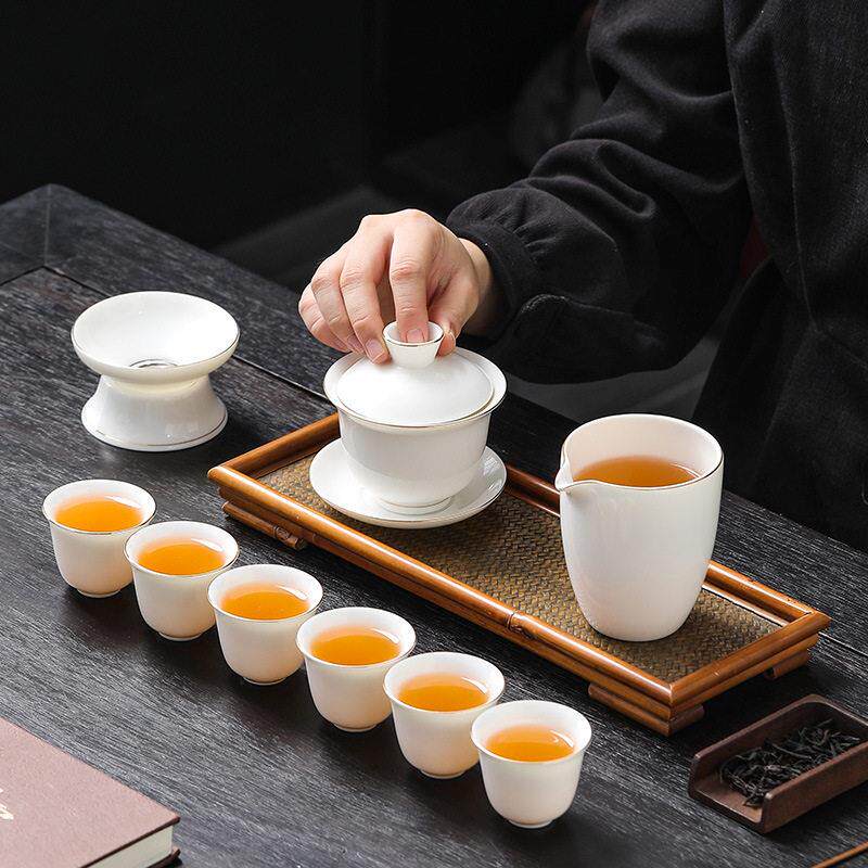 羊脂玉白瓷茶具套装描金功夫陶茶盖碗长辈公司开业乔迁送礼品礼盒