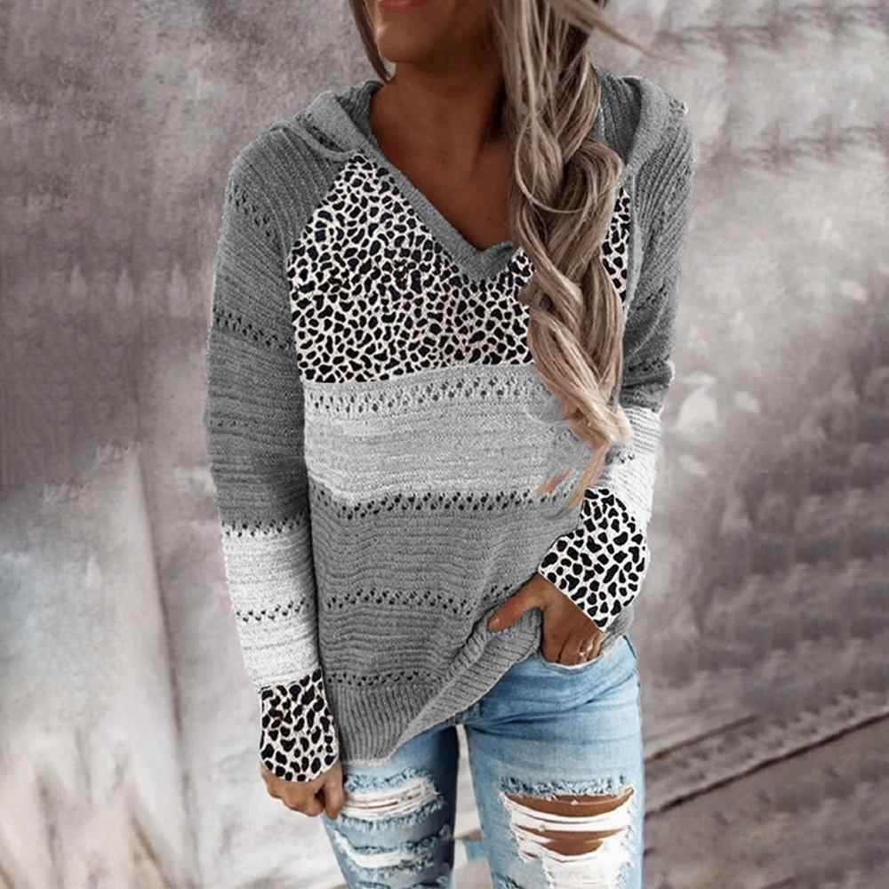 leopard womens knitted V-neck loose sweater sweater Fashion